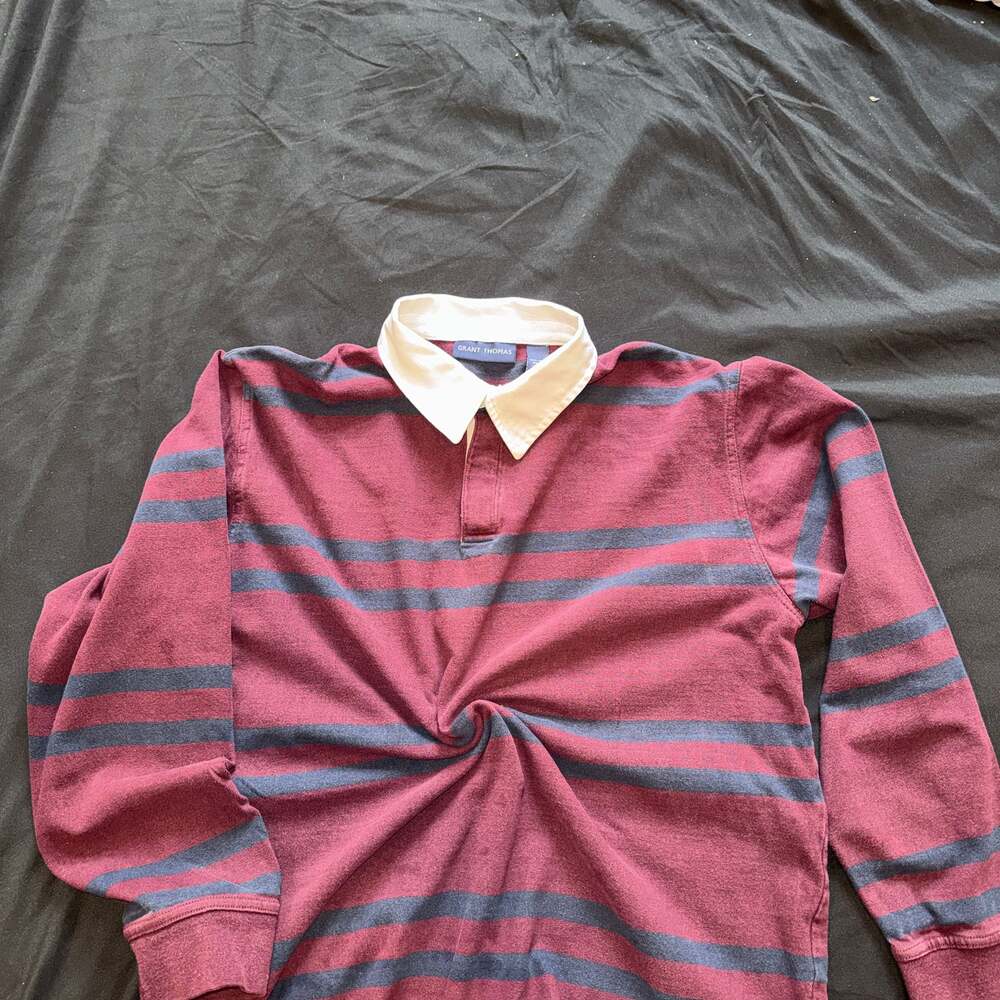 Grant Thomas Men's Burgundy and Navy Striped Long Sleeve Rugby Polo Shirt
